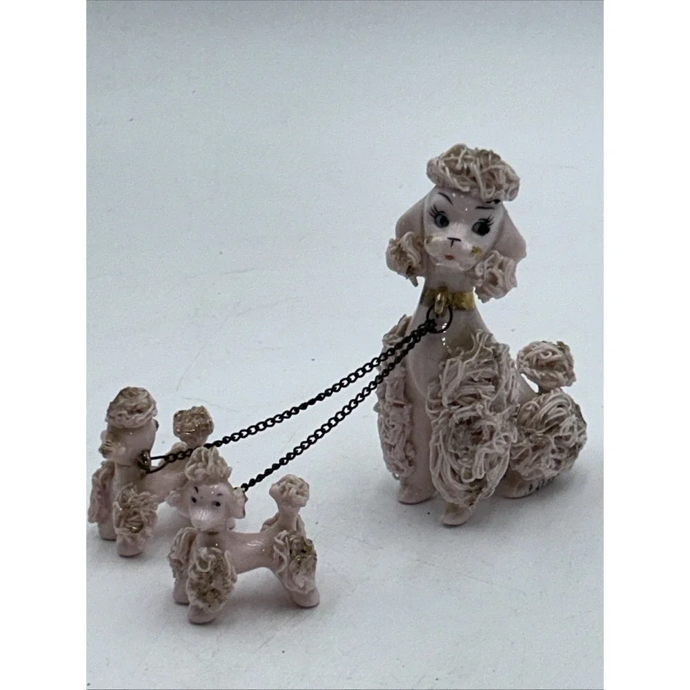 Vintage Napco Pink Spaghetti Poodle Mom and Two Puppies Ceramic Figurines